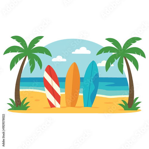 Panoramic vector landscape of colorful surfboards leaning against palm trees on a tropical beach, evoking summer vacation vibes, isolated on white.