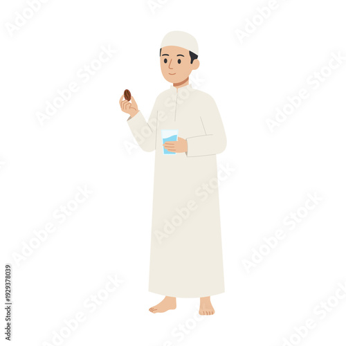 Muslim man holding phone and water for breaking fast iftar flat vector