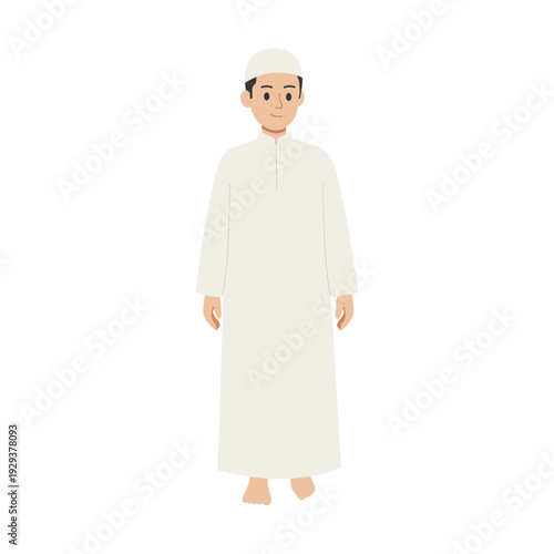 Muslim man standing smiling in modest white koko clothing flat vector