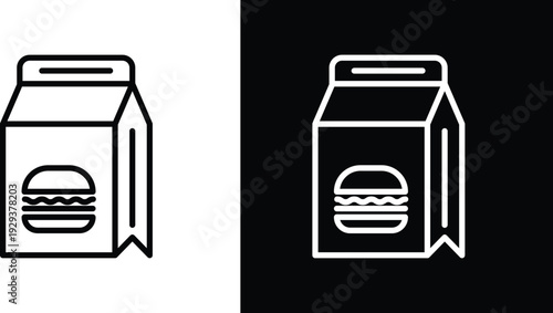 Food delivery paper bag icon pack in black and white colors