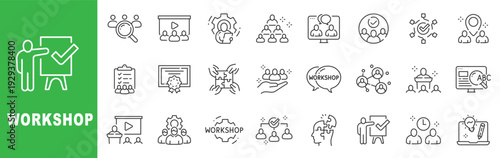 Workshop line icon set featuring training seminar, teamwork collaboration, presentation, certification and editable stroke outline business symbols.