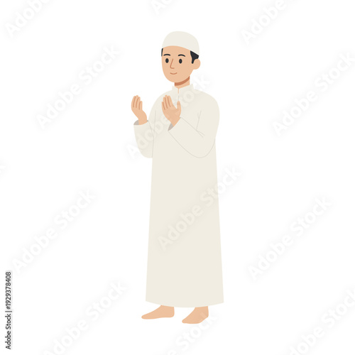Muslim man standing in prayer position with hands up flat vector