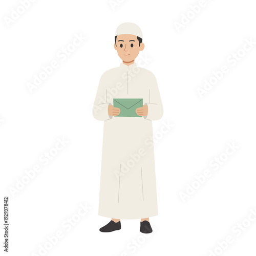 Muslim man holding a green gift box or hampers box flat vector