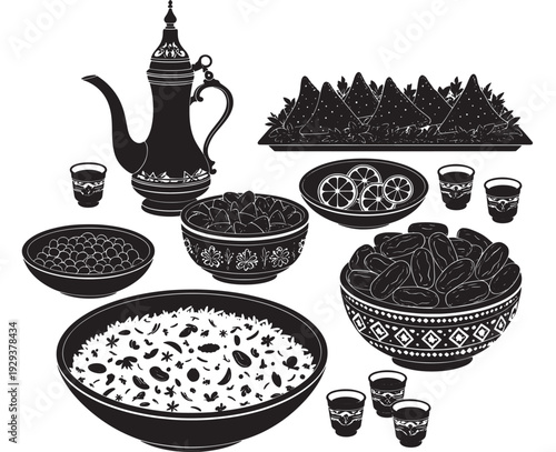 Middle Eastern Food Drink Set Dates Coffee Pot Samosas Black White Vector Illustration