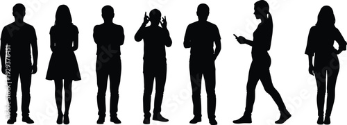 Diverse collection of people silhouettes, men and women walking, business group standing, professional figures gesturing, urban community set, sitting poses, isolated human body shapes, vector.