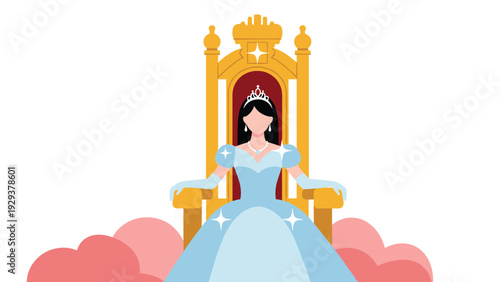 Elegant princess with black hair and a sparkling crown sits gracefully on a golden throne above soft pink clouds.