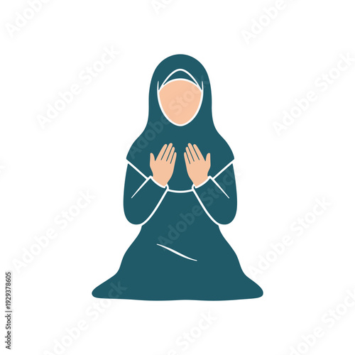 Muslim woman sitting and praying in blue hijab flat vector