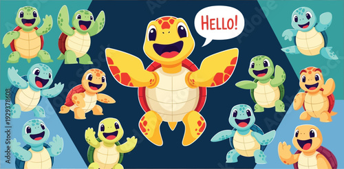 Collection of colorful cartoon sea turtle characters waving hello