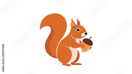 Cute squirrel with a bushy tail stands upright and holds a large brown acorn with both paws in a charming forest scene.
