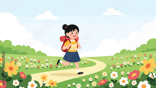 Young girl with a backpack runs happily down a path through a field of colorful wildflowers under a bright summer sky.