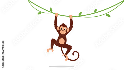 Mischievous monkey hangs upside down from a jungle vine with its tail curled in a lush tropical forest environment.