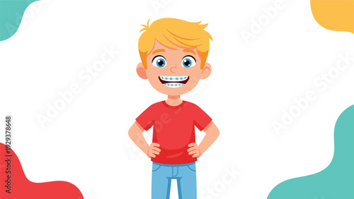 Happy young boy with bright blonde hair and blue eyes shows off his dental braces with a wide and confident smile.