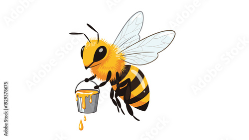 Busy honeybee flies through the air while carrying a small bucket overflowing with fresh golden honey from a hive.