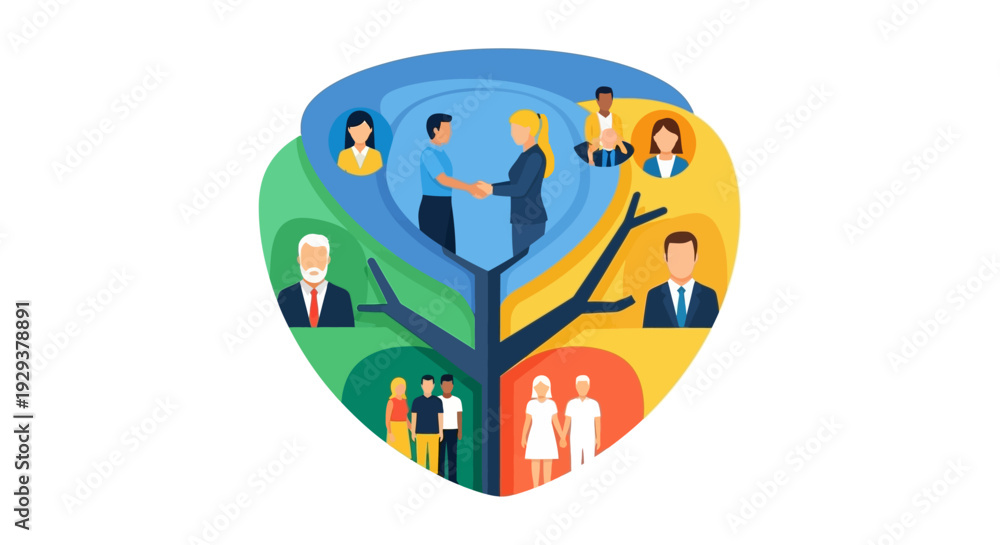 Fototapeta premium Human Connection Tree: Diverse Relationships, Business Partnerships, and Social Networking