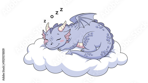 Cute purple dragon curled up and sleeping peacefully on a fluffy white cloud with zzz symbols indicating deep rest.
