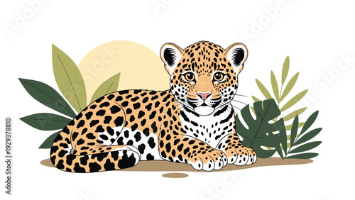 Adorable young jaguar cub with spotted fur lying down on the ground surrounded by tropical green leaves and a sun.