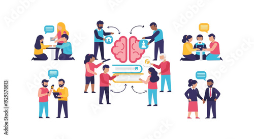 Diverse People Collaborating, Communicating & Sharing Knowledge: Learning, Teamwork & Idea Exchange Illustration