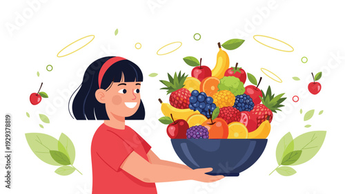 Happy young girl holding a large blue bowl filled with a variety of colorful fresh fruits and berries on white.