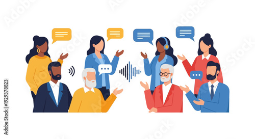 Diverse Group Communication & Voice Interaction: People Talking, Discussing Ideas, and Podcasting with Speech Bubbles and Audio Waves