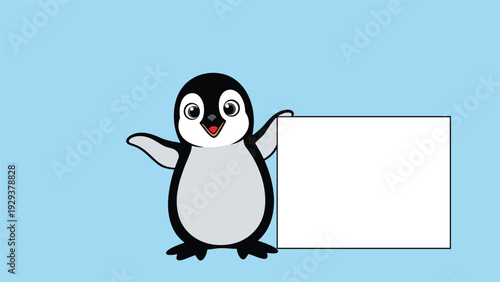 Cute little penguin waving and standing next to a large blank white rectangular sign for your custom text or message.