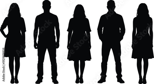 Diverse collection of people silhouettes, men and women walking, business group standing, professional figures gesturing, shaking hands, urban community set, isolated human body shapes, vector.