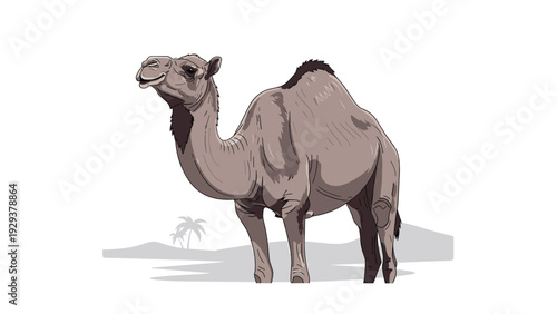 Large brown camel standing in a desert landscape with sand dunes and palm trees in the distant background.