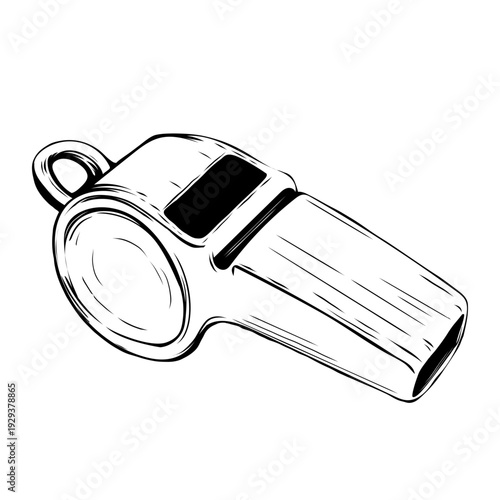 Soccer referee whistle icon. simple black and white monochrome Whistle for sport events and competitions. Vector design element Isolated on transparent background. Sketch style.