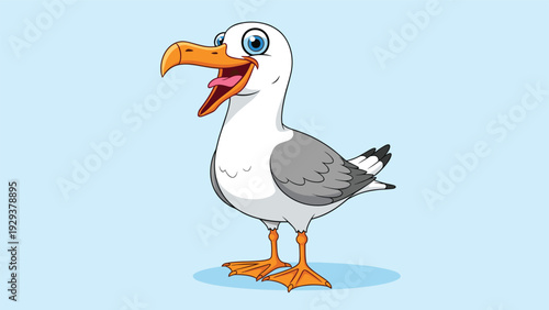 Happy white and gray seagull or albatross bird standing with its mouth open on a light blue background.