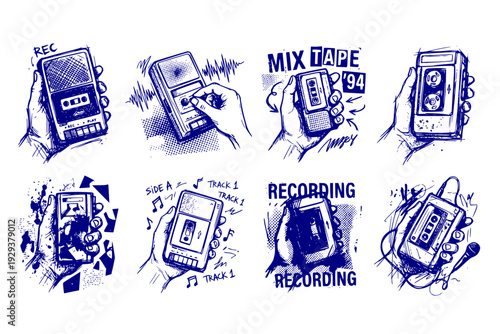Hand Holding Tape Recorder Isolated Retro Grunge Halftone Dotted Vintage Cutout Music Collage Mixed Media Design