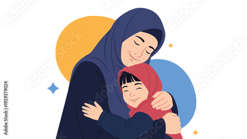Loving mother wearing a hijab gives her young daughter a warm and comforting hug against a soft decorative background.