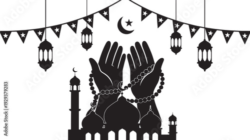 Praying Hands Holding Prayer Beads with Mosque, Lanterns, Crescent Moon Silhouette Illustration
