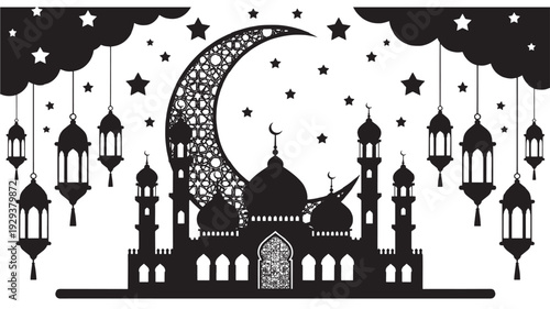 Elegant Islamic mosque silhouetted against a crescent moon and starry night sky, adorned with hanging lanterns.