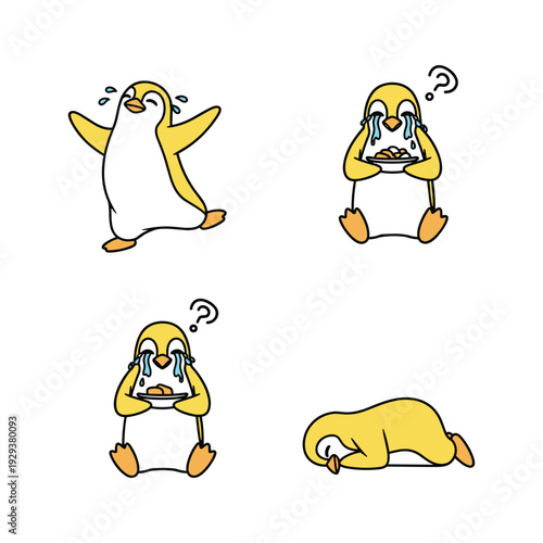 Penguin experiencing different emotions from joy to despair in a simple cartoon style