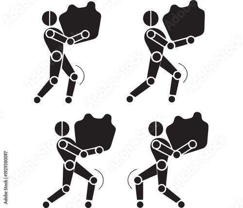 Abstract figure carrying heavy burden with articulated limbs and dynamic poses