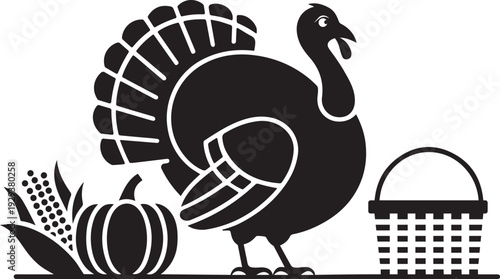 Black silhouette of a turkey with a corn cob and pumpkin next to a woven basket on a white background