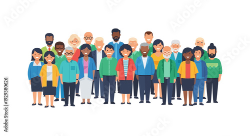 Diverse Group of Smiling Multi-Ethnic People Standing Together - Community, Teamwork & Inclusivity Vector Illustration