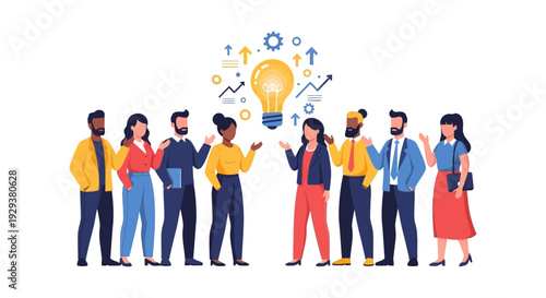 Diverse Business Team Brainstorming Ideas for Innovation & Growth. Collaborative Meeting with Lightbulb Symbolizing Creativity & Solutions.