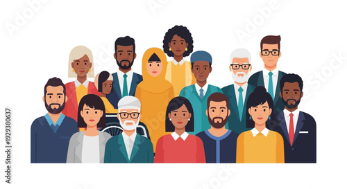A diverse and inclusive group of people standing together, representing global community, teamwork, and cultural variety. Flat design illustration.