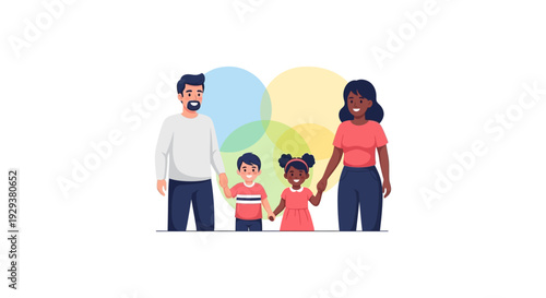 Diverse Family Unity: Happy Parents and Kids Holding Hands, Modern Illustration with Colorful Circles