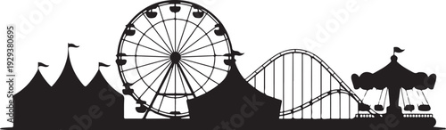 Black silhouette amusement park with ferris wheel roller coaster and merry go round