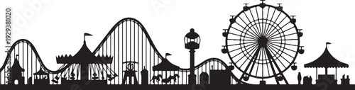 Black silhouette amusement park with ferris wheel roller coasters and other rides
