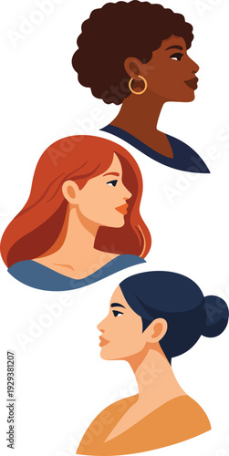 Diverse Women Side Profile Collection Flat Illustration