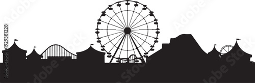 Black silhouette amusement park with ferris wheel white background