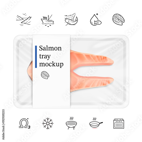 Butcher fish steak in clear tray container mockup with set icons. Vector illustration isolated on white background. The translucent layer perfectly simulates the top stretched layer of plastic. EPS10.