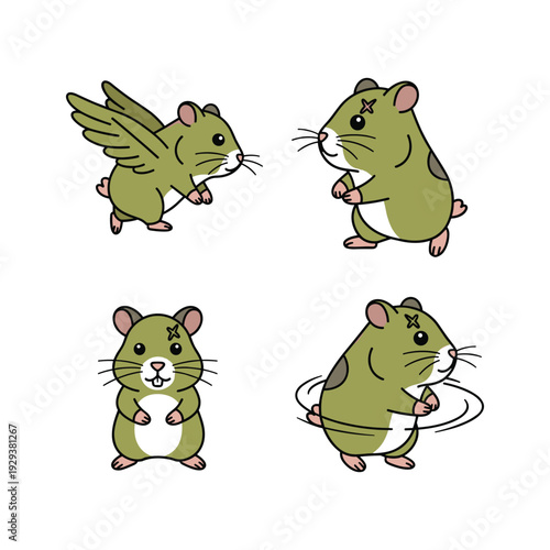 Cartoon hamsters in various dynamic poses with wings and spinning motion