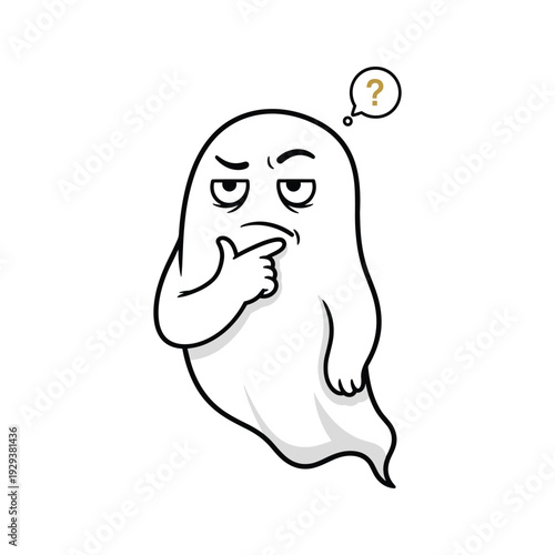 Confused ghost thinking with question mark in a simple cartoon style