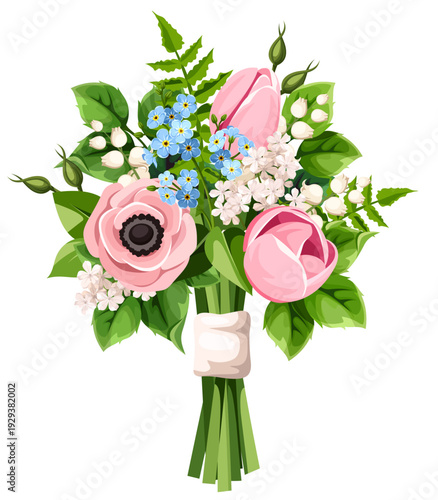 Bouquet of pink tulip and anemone flowers, blue forget-me-not flowers, and white lily of the valley flowers. Vector spring bouquet isolated on a white background