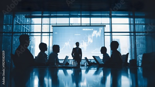 AI analytics advisor presenting quarterly performance to executive team high contrast lighting dramatic boardroom setting