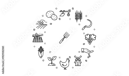 Minimal Outline Farm Life and Crop Production Icons Collection for Organic Agriculture Design