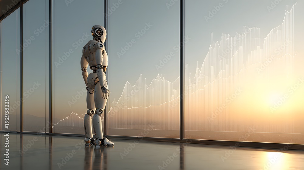 Fototapeta premium Digital enterprise leadership concept robot beside glass wall performance charts sunrise lighting